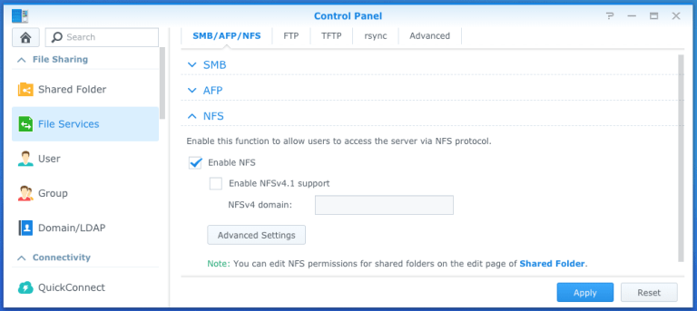 enable NFS on Synology