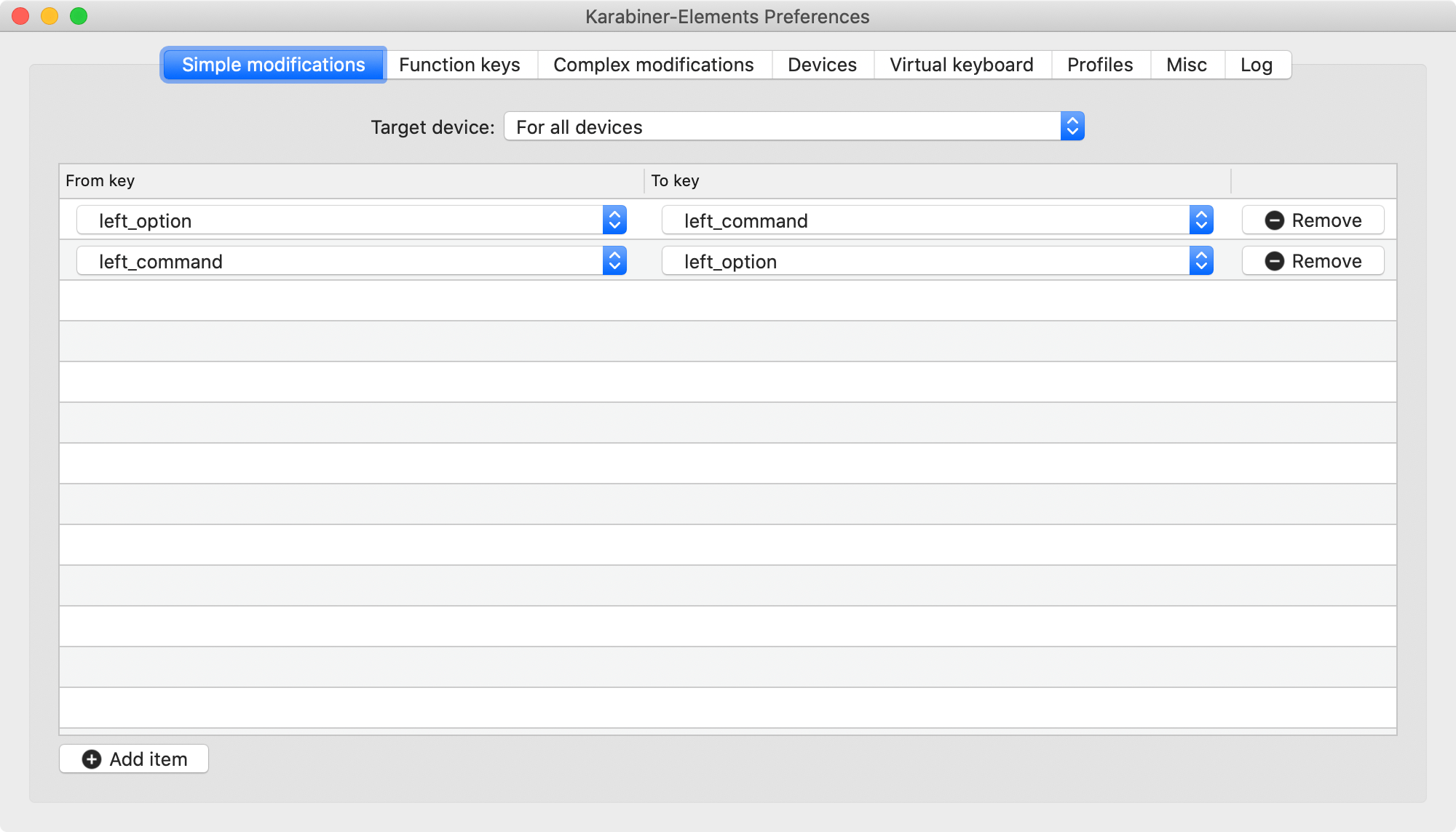 Karabiner-Elements GUI, swap left option and command keys